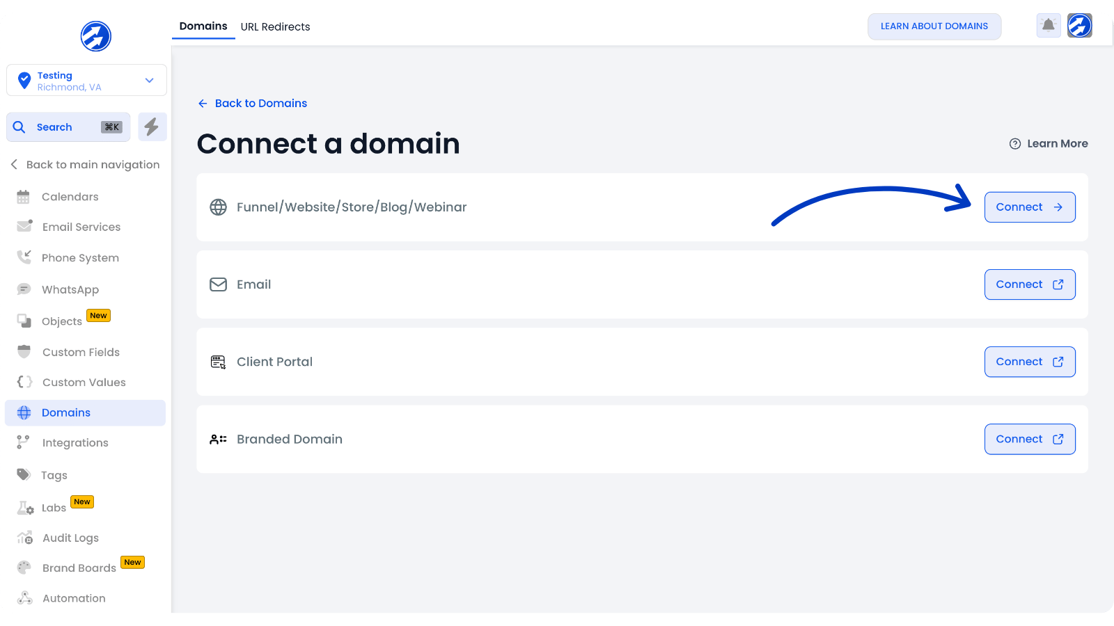 full scope connect a domain add domain onboarding