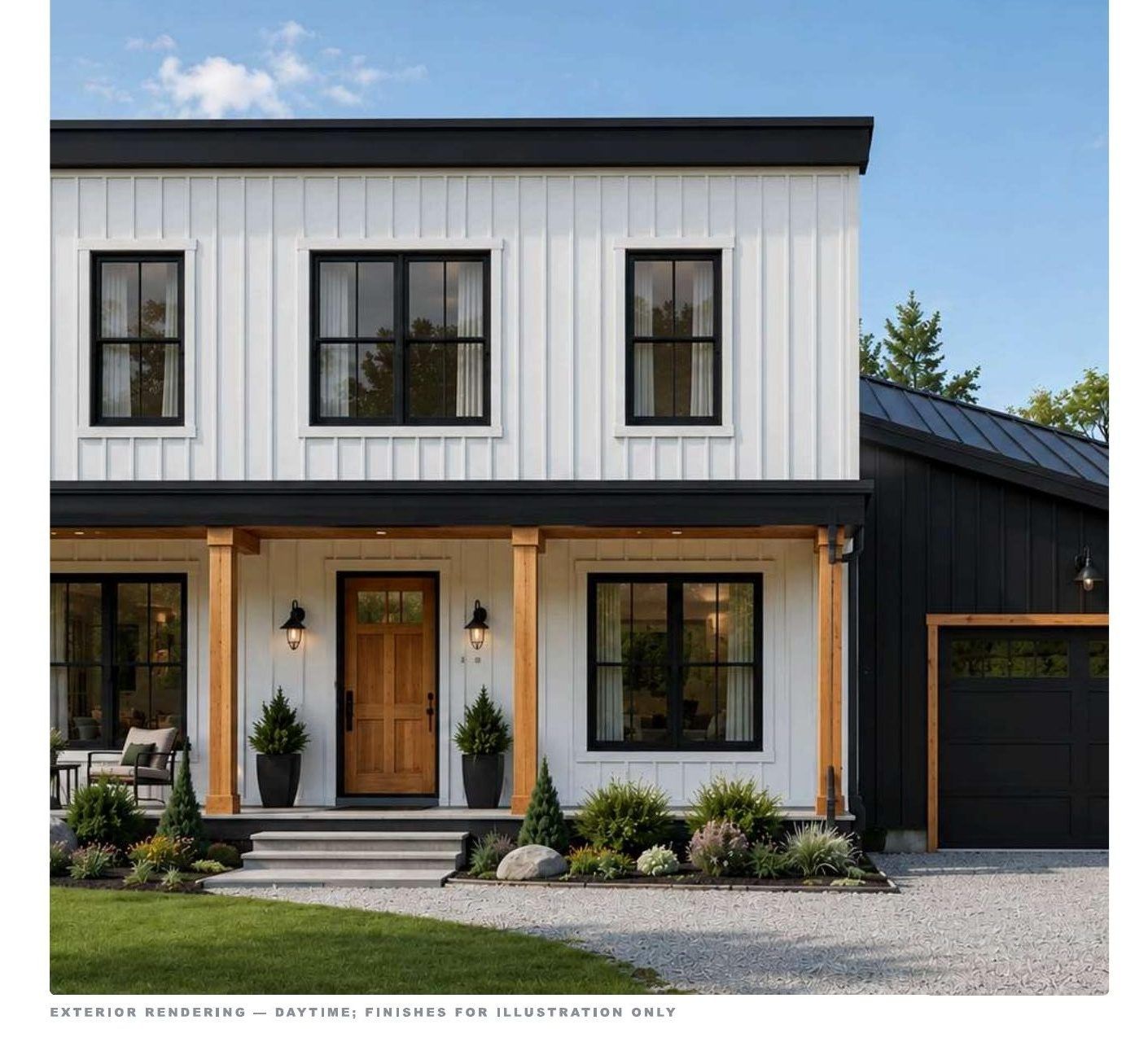 Rendering of a white farmhouse-style home with a dark garage door