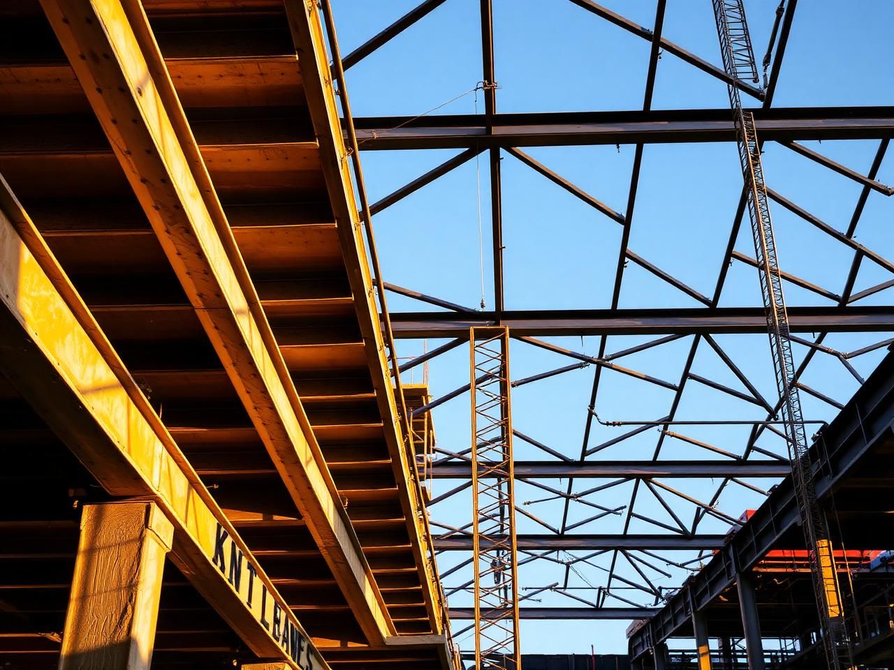 Steel roof framing and trusses during construction