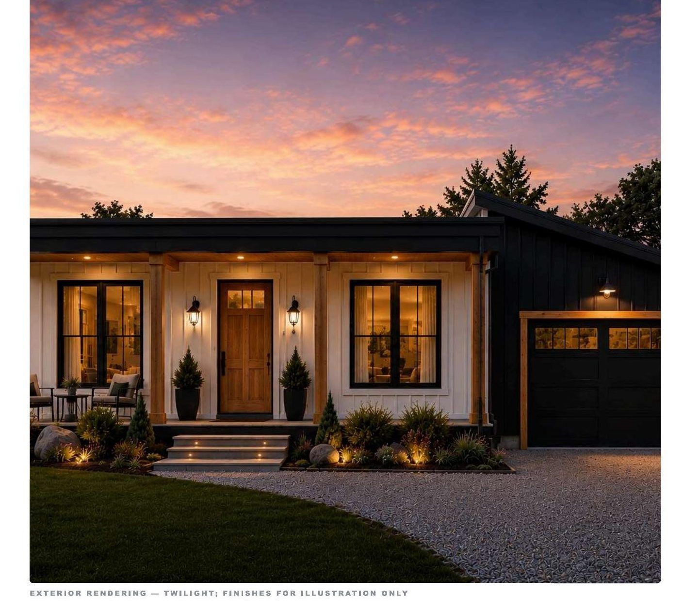 Rendering of the Rise 1401 single-story SIP residence, 3 bed 2 bath with attached one-car garage