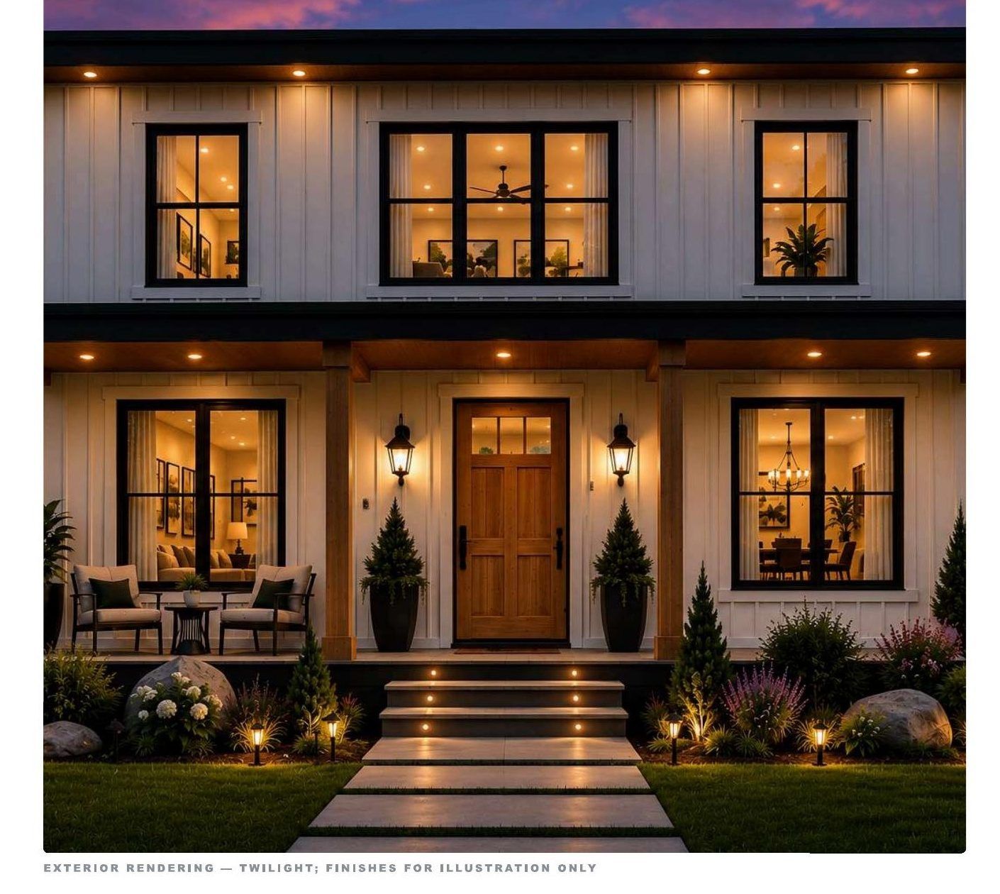 Rendering of the Rise 2050 two-story SIP residence, 4 bed 2 bath, at dusk