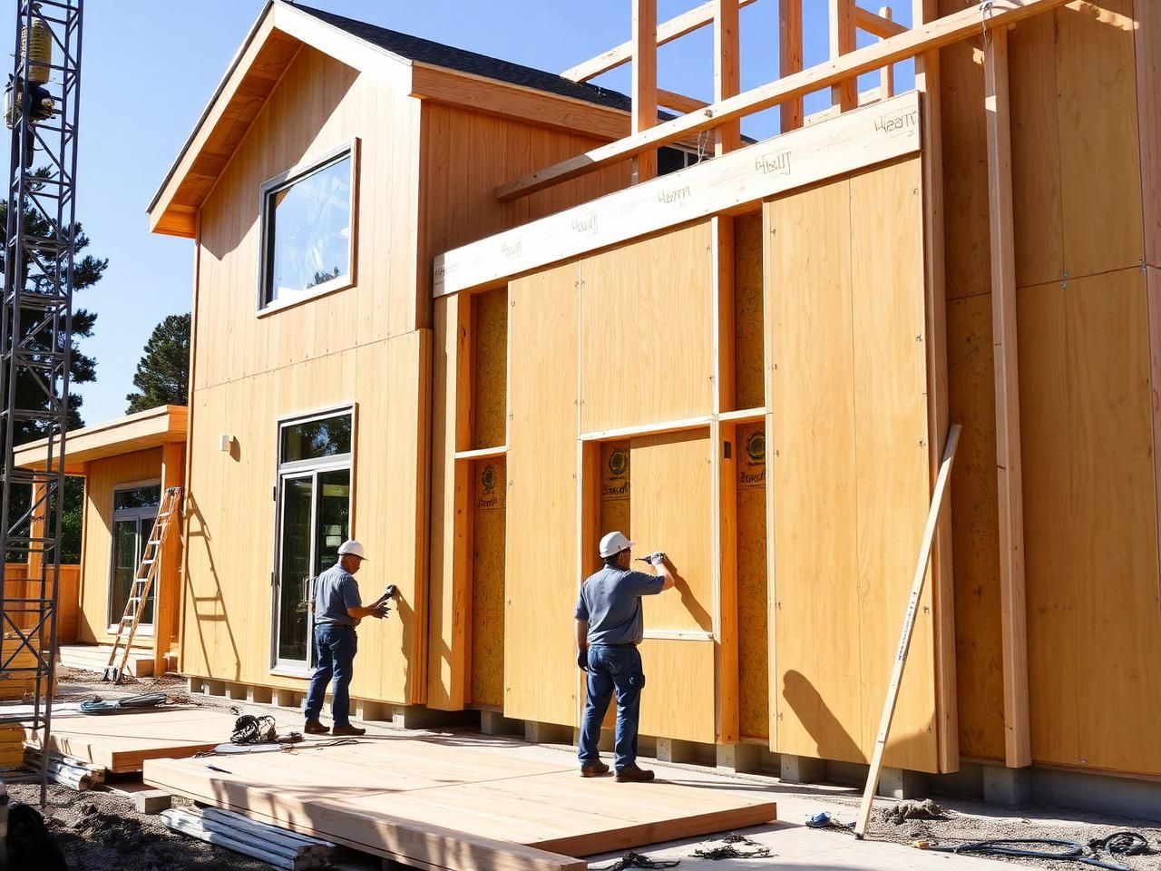 Crew setting structural insulated wall panels on a home