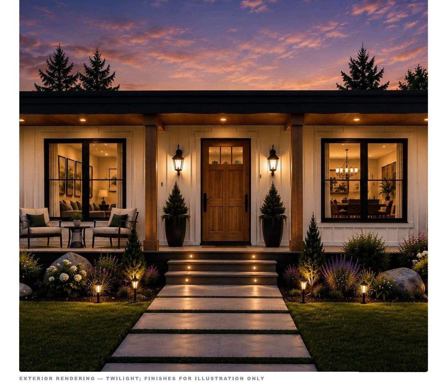 Rendering of the Rise 1024 single-story SIP residence, 2 bed 1 bath, at dusk