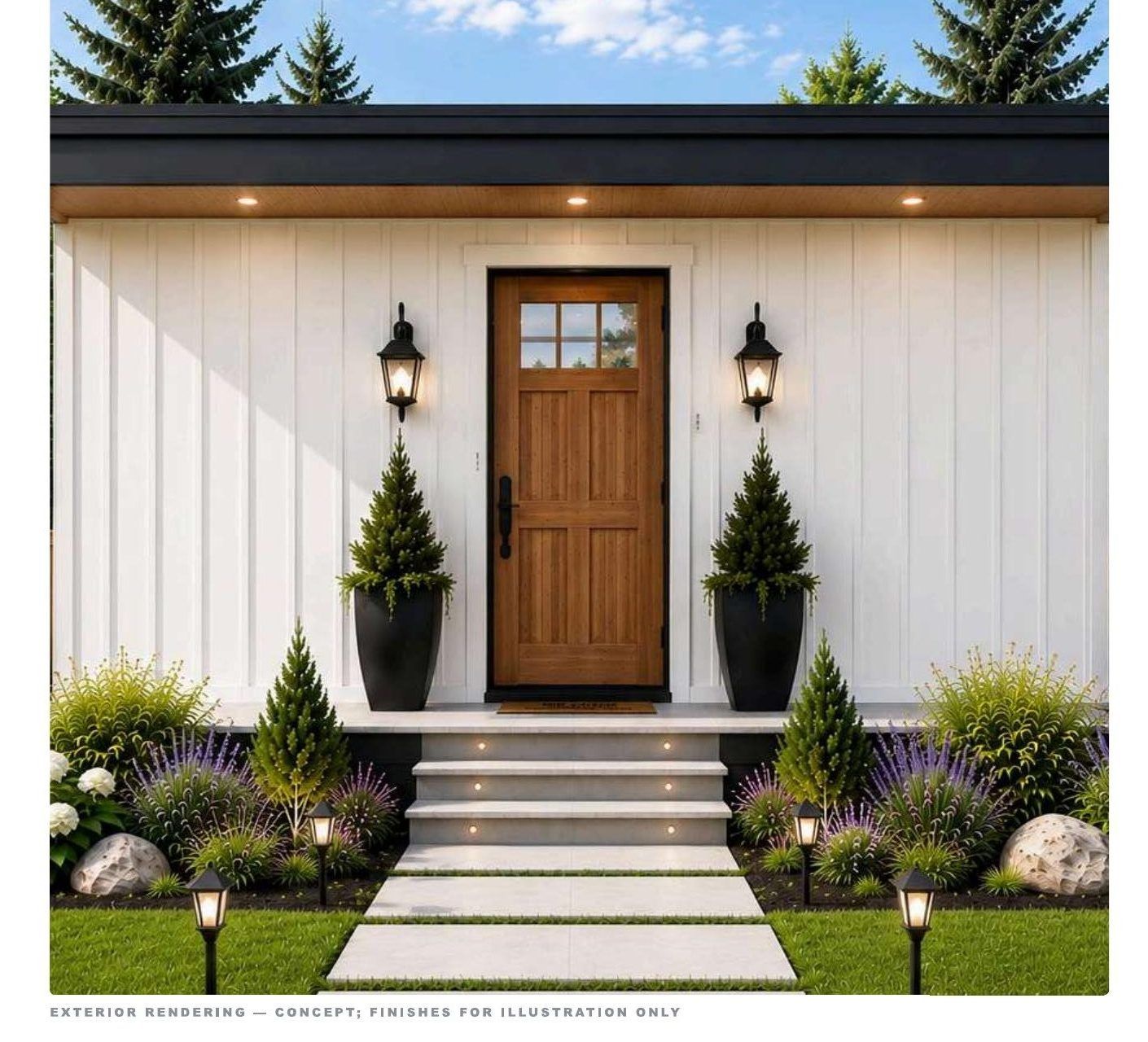 Rendering of The POD, a 167 sq ft single-module rapid deployment SIP studio with white vertical siding, wood front door and entry steps