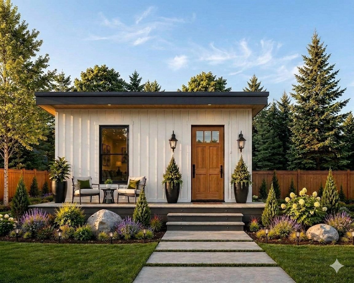 Rendering of The POD ADA, a 240 sq ft rapid deployment SIP studio with an ADA bath, shown in daylight with landscaped entry