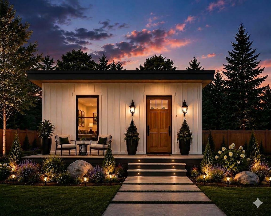 Rendering of The POD Plus, a 333 sq ft dual-module rapid deployment SIP home shown at dusk with exterior lighting