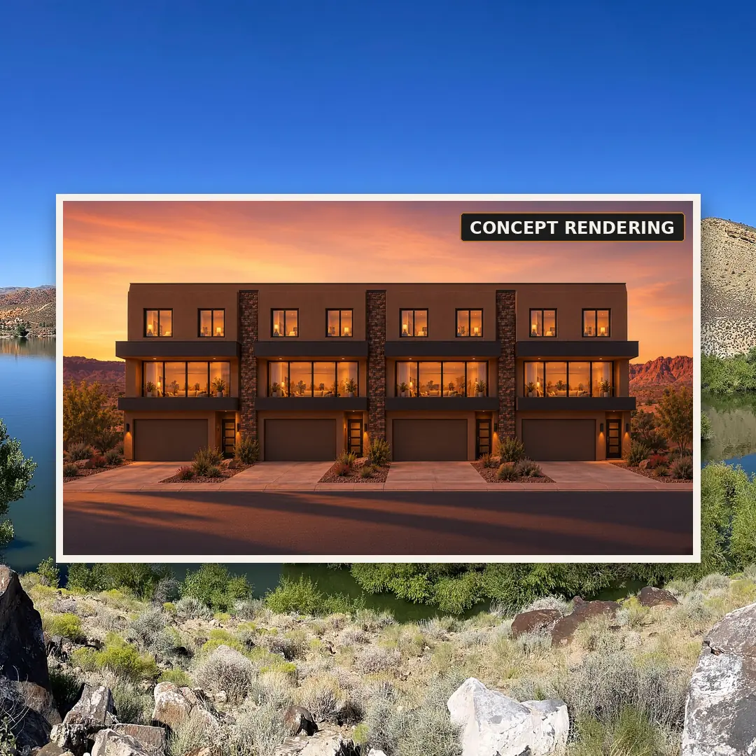 Concept rendering of a planned three-story modern desert townhome building at dusk, with stone columns, warm-lit windows and ground-floor garages, shown on a backdrop photo of a Southern Utah reservoir. The backdrop is not the project site. Label reads Concept rendering.