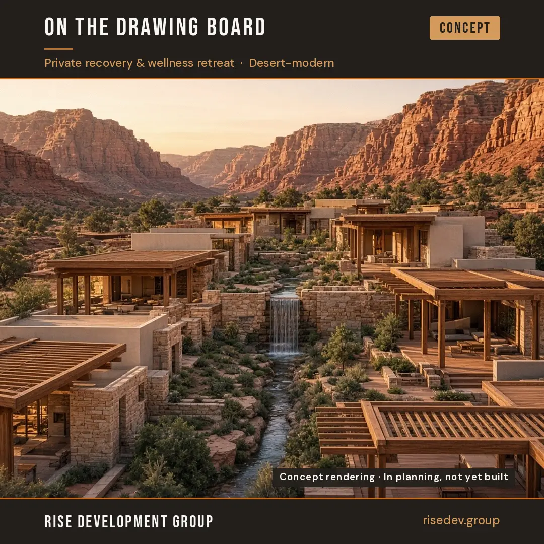 Concept rendering of a desert-modern courtyard village at golden hour: timber-roofed residential pods with stone walls and pergolas around a landscaped wash and small waterfall. Label reads Concept rendering, in planning, not yet built.