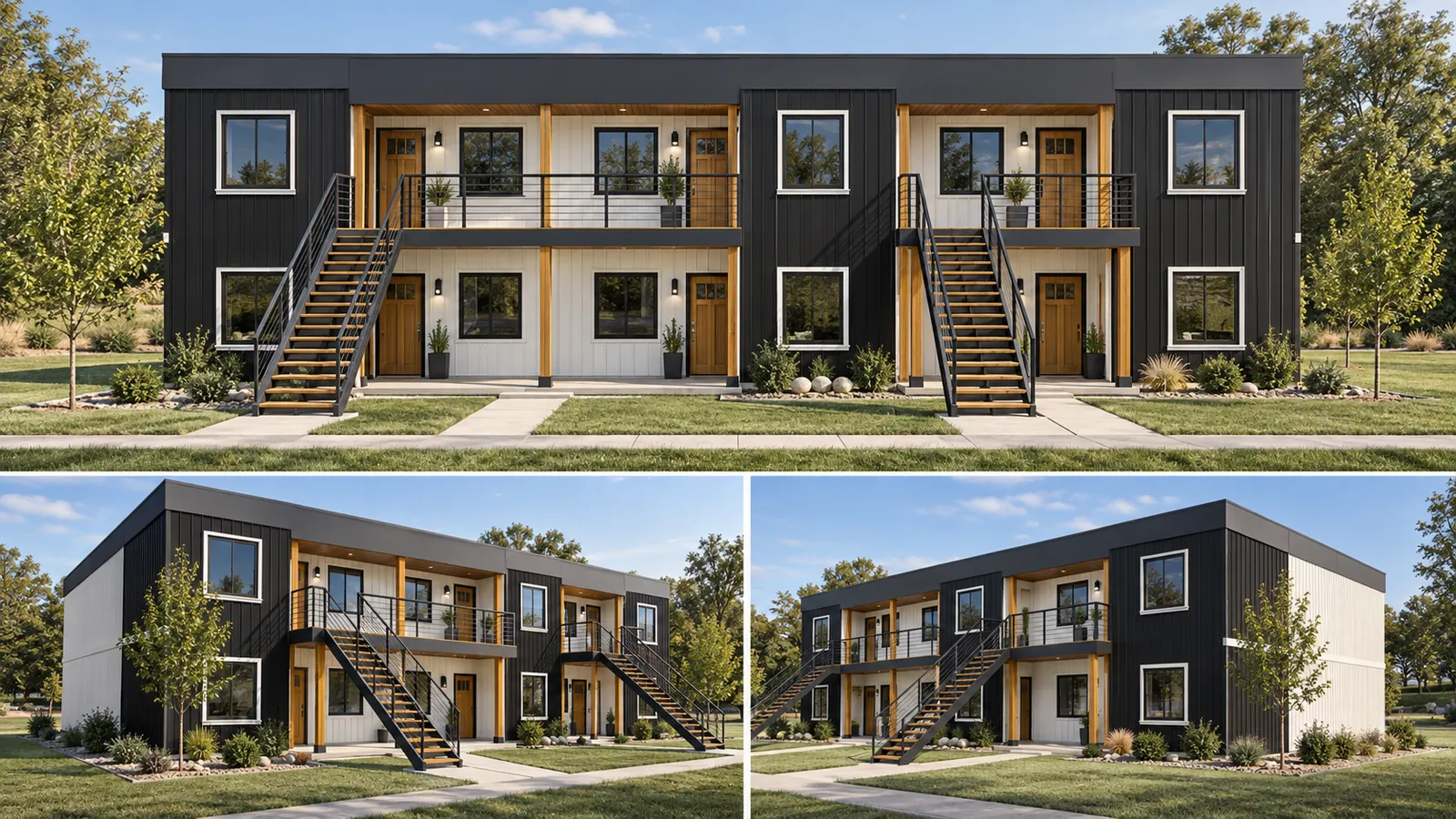 Rendering showing the front and two side views of the same planned two-story multifamily building, with exterior stairs, balconies and landscaping. Label reads Rendering, in development.