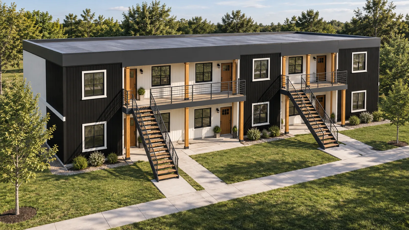 Rendering of a planned two-story multifamily building with black and white vertical siding, wood posts, exterior stairs to second-floor balconies, and landscaped lawns. Label reads Rendering, in development.