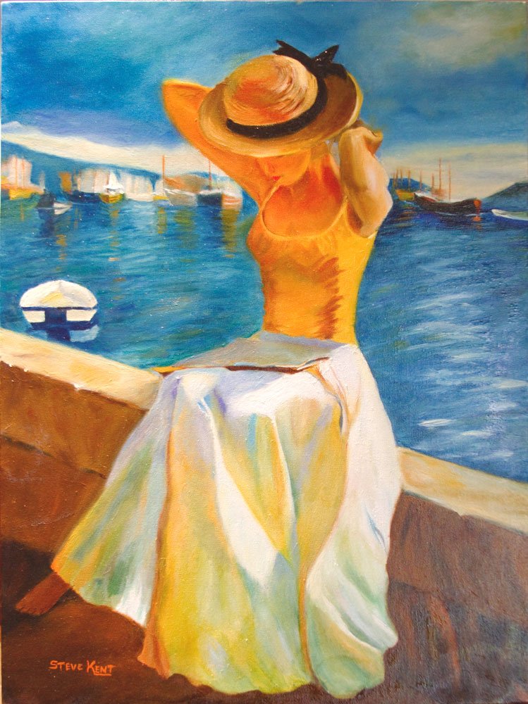 Oil painting by Steve Kent of a woman in a straw hat and yellow dress seated on a harbor wall, sailboats on blue water behind her