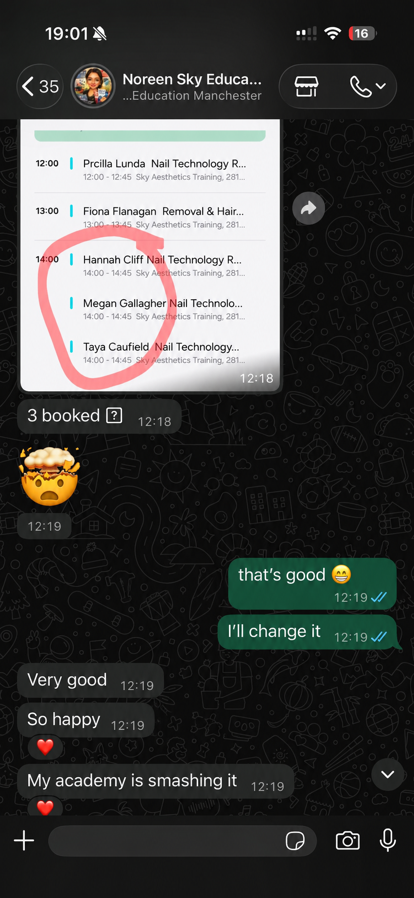Sky Aesthetics WhatsApp proof showing booked registrations