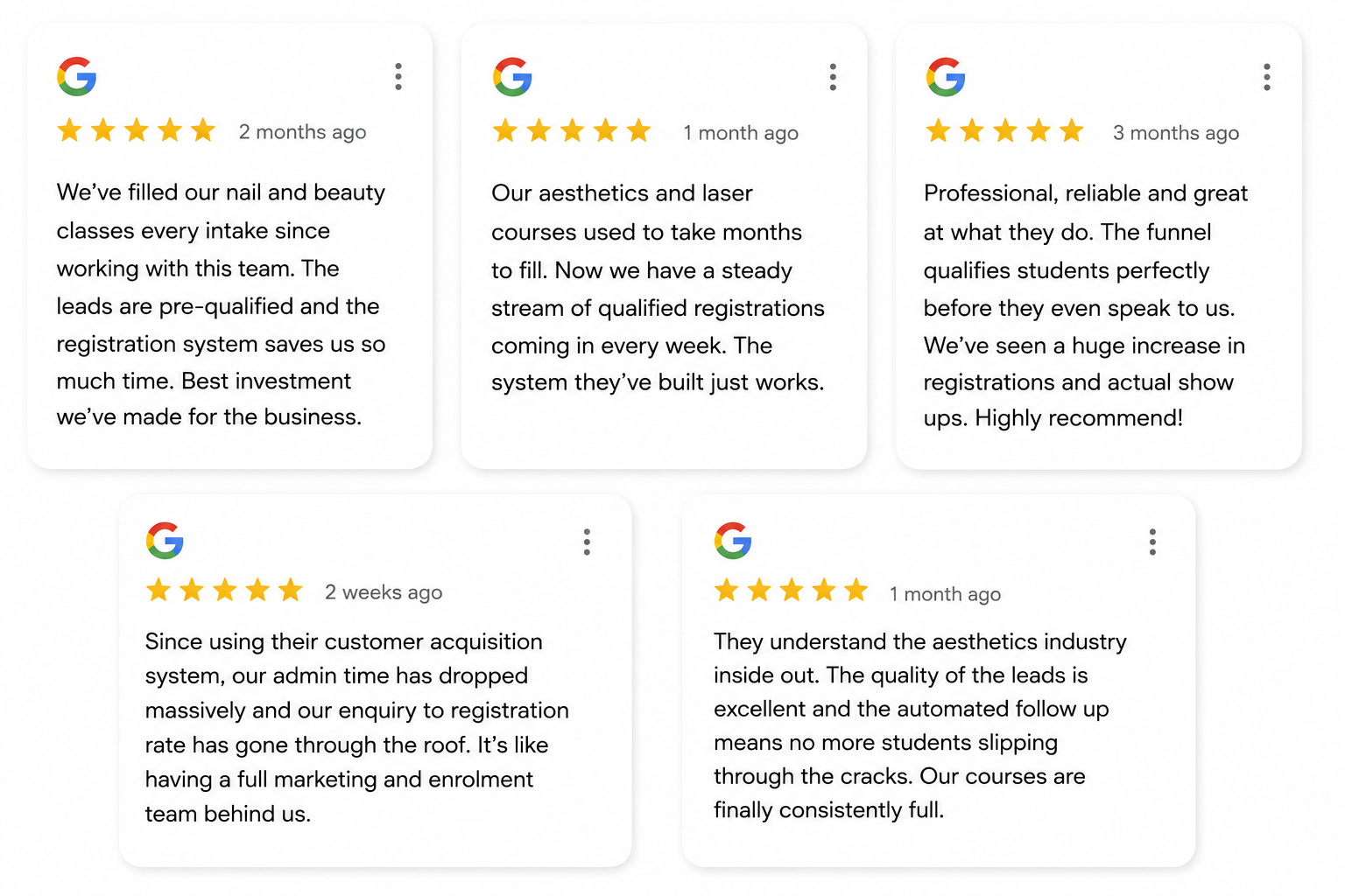 Review-style feedback from aesthetics and beauty training providers about qualified registrations and filled classes
