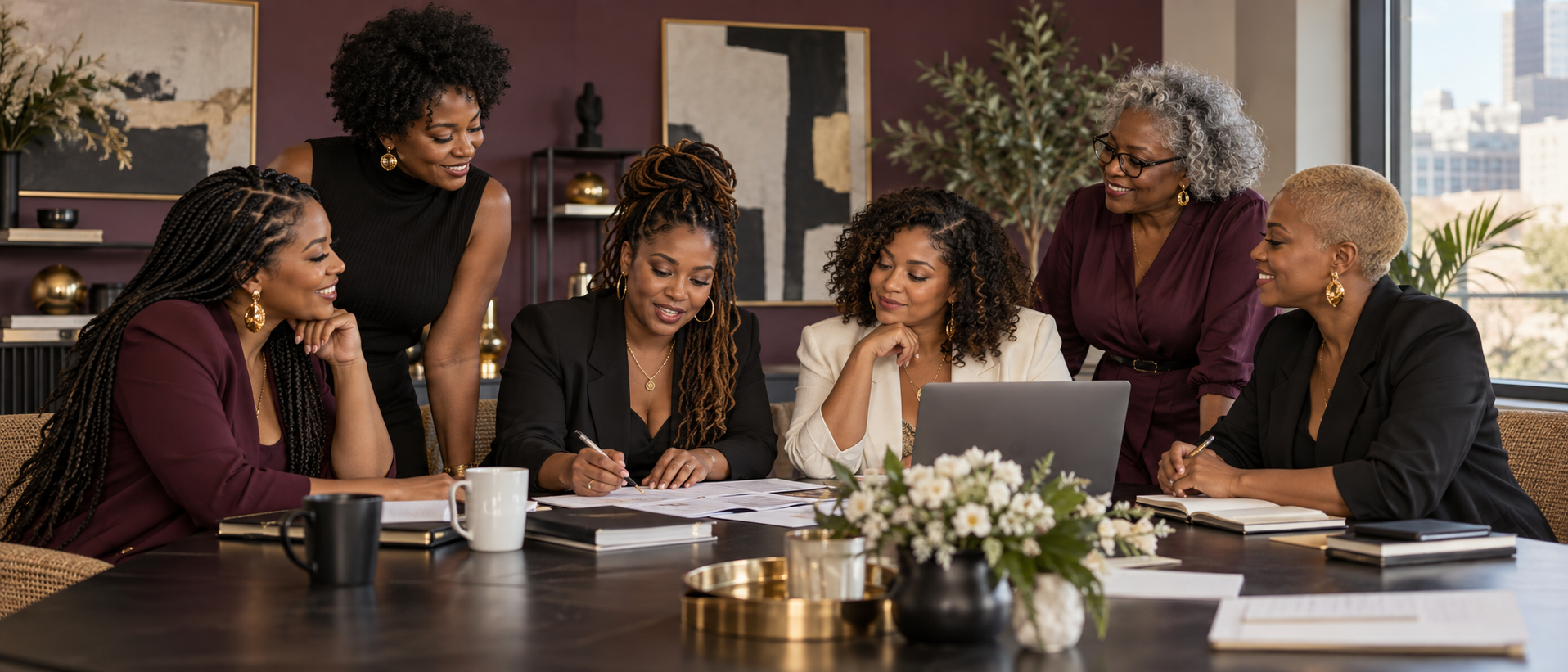 Black women collaborating around a table on business and income strategies