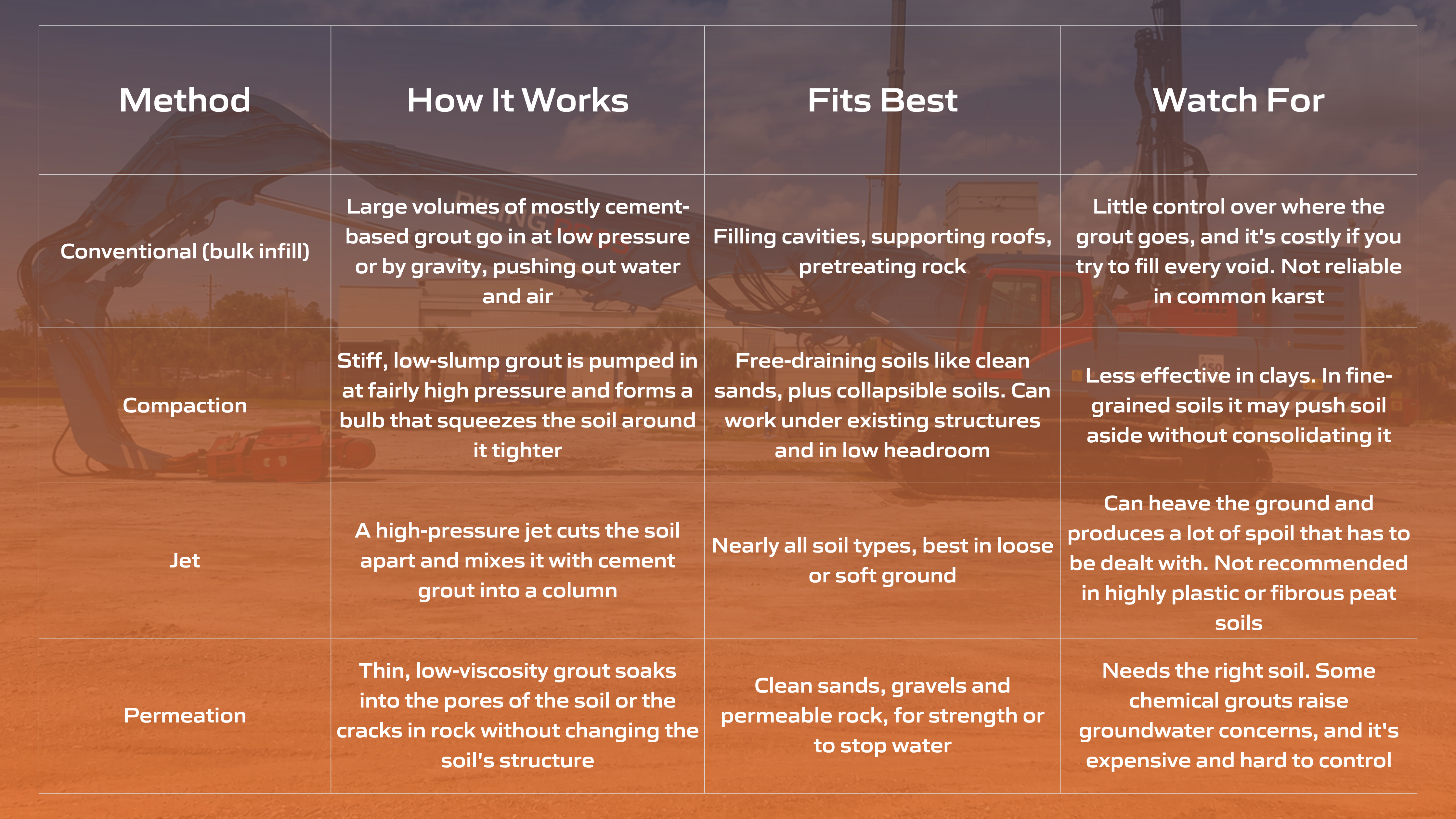 Table comparing four grouting methods: bulk infill, compaction, jet and permeation, with how each works, best fit and risks Table comparing four grouting methods: bulk infill, compaction, jet and permeation, with how each works, best fit and risks
