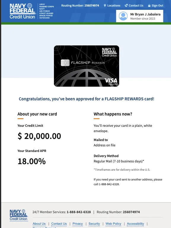Navy Federal Flagship Rewards Karte genehmigt mit $20.000 Kreditlimit