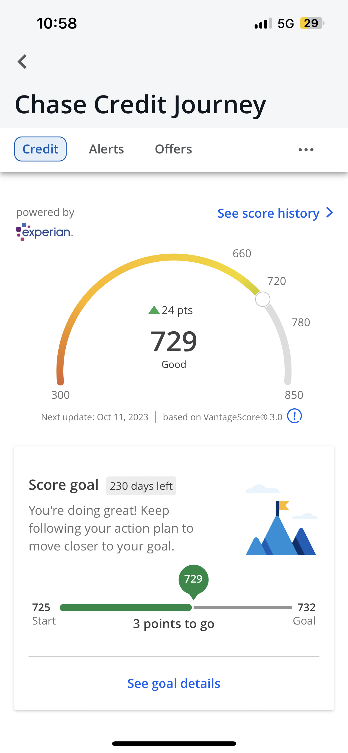 Chase Credit Journey zeigt FICO Score von 729 powered by Experian