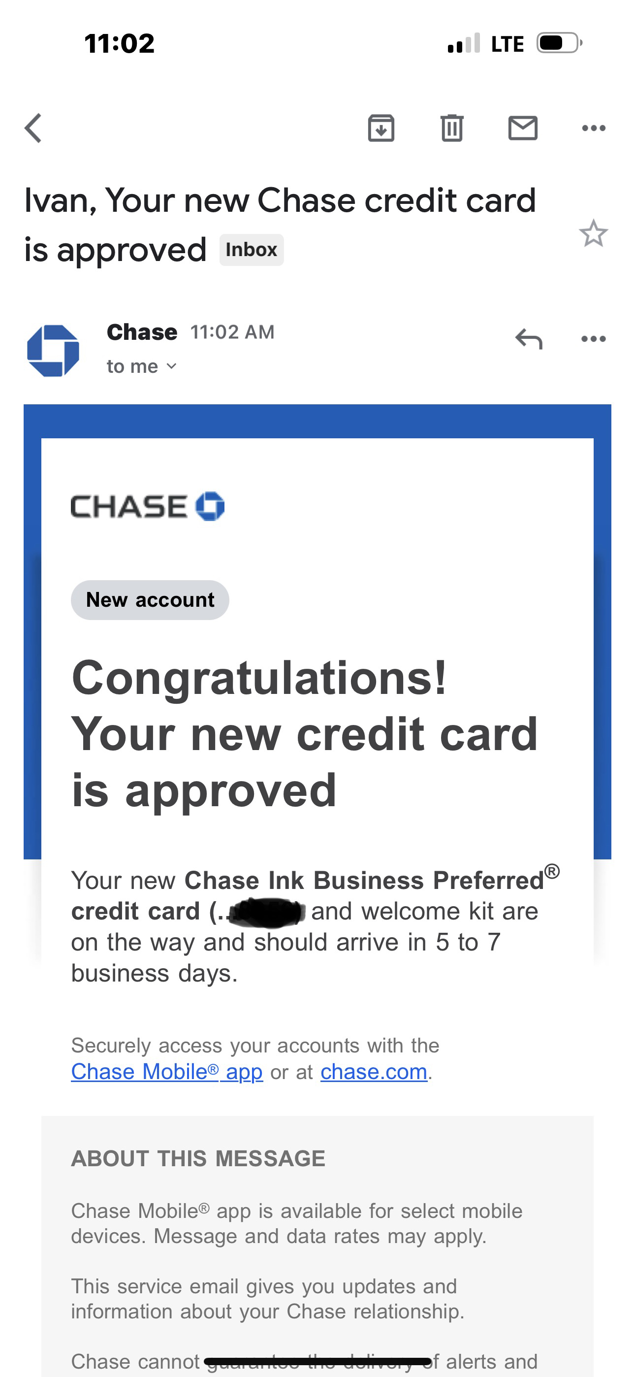 Chase Genehmigungsmail für Ink Business Preferred Kreditkarte