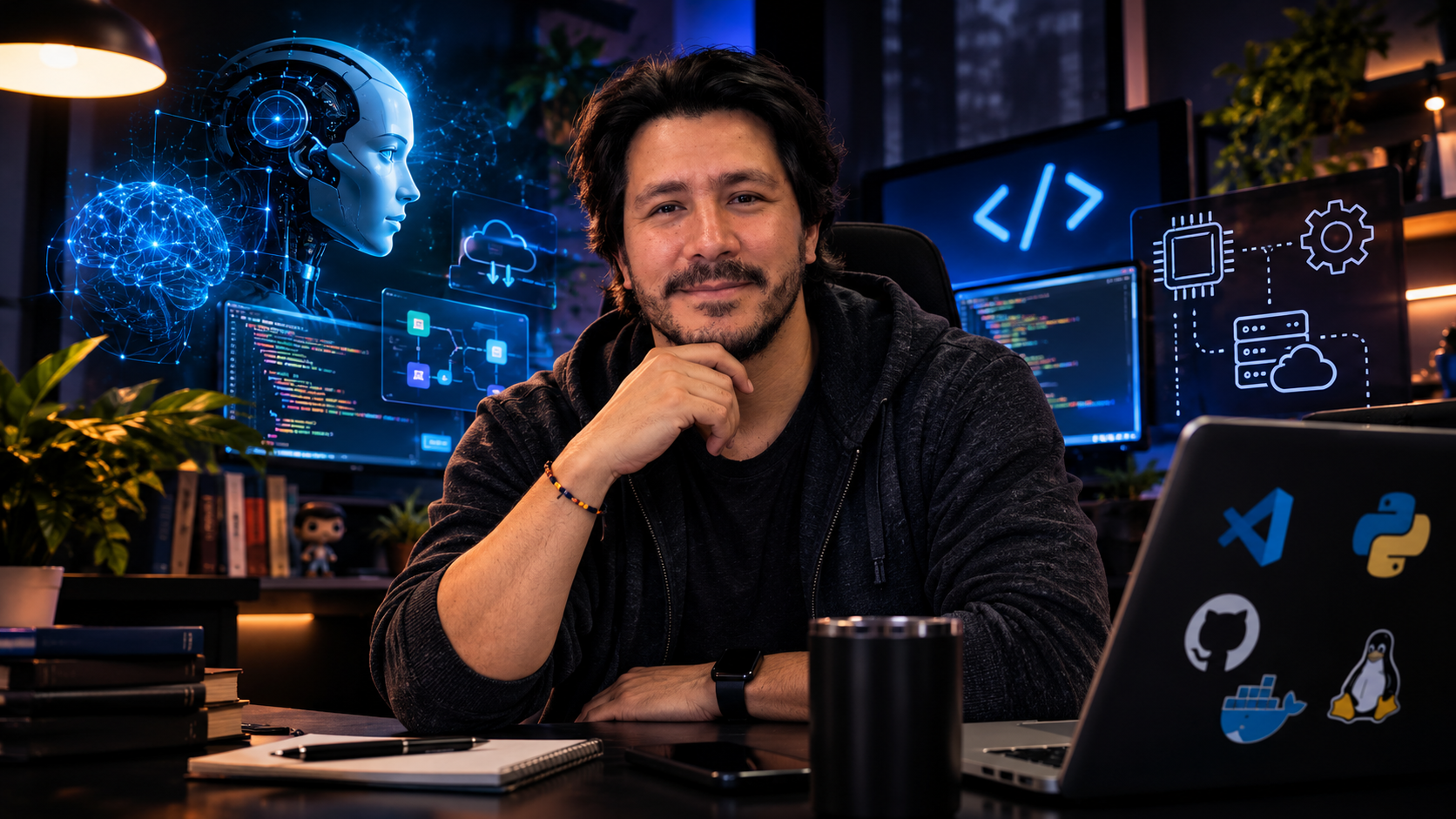 Jorge Ochoa en su estudio, con código, IA y su stack en el escritorio