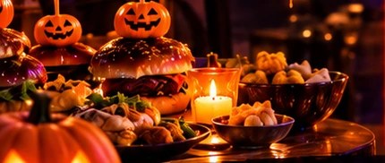 Un buffet a tema Halloween con zucche e candele accese
