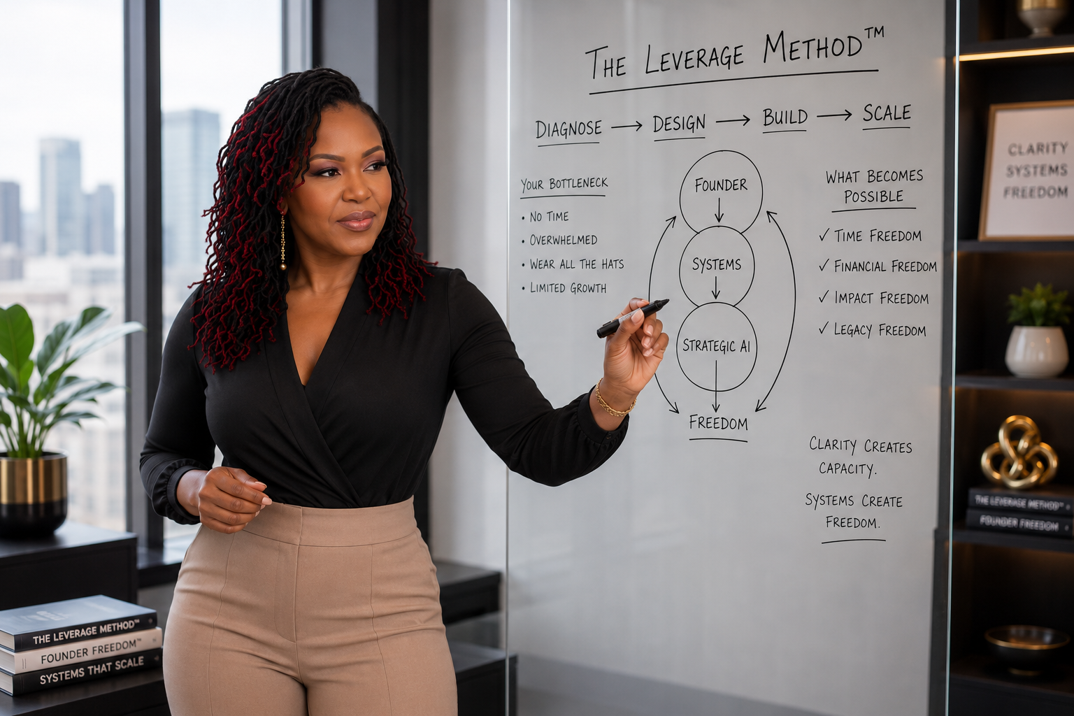 Dr. Shermnae D. Jones teaching The Leverage Method in a modern strategy office