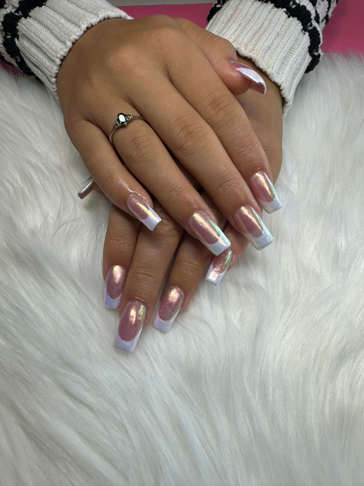 Long square nails with pink chrome and white French tips