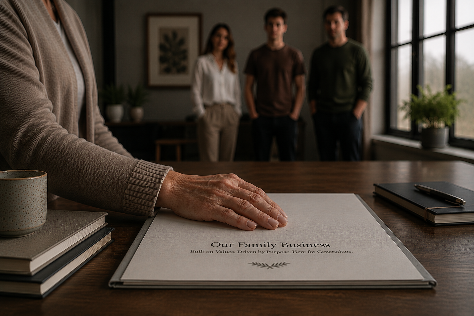 Female founder's hand resting on a family business document as the next generation stands blurred in the background. Female founder's hand resting on a family business document as the next generation stands blurred in the background.