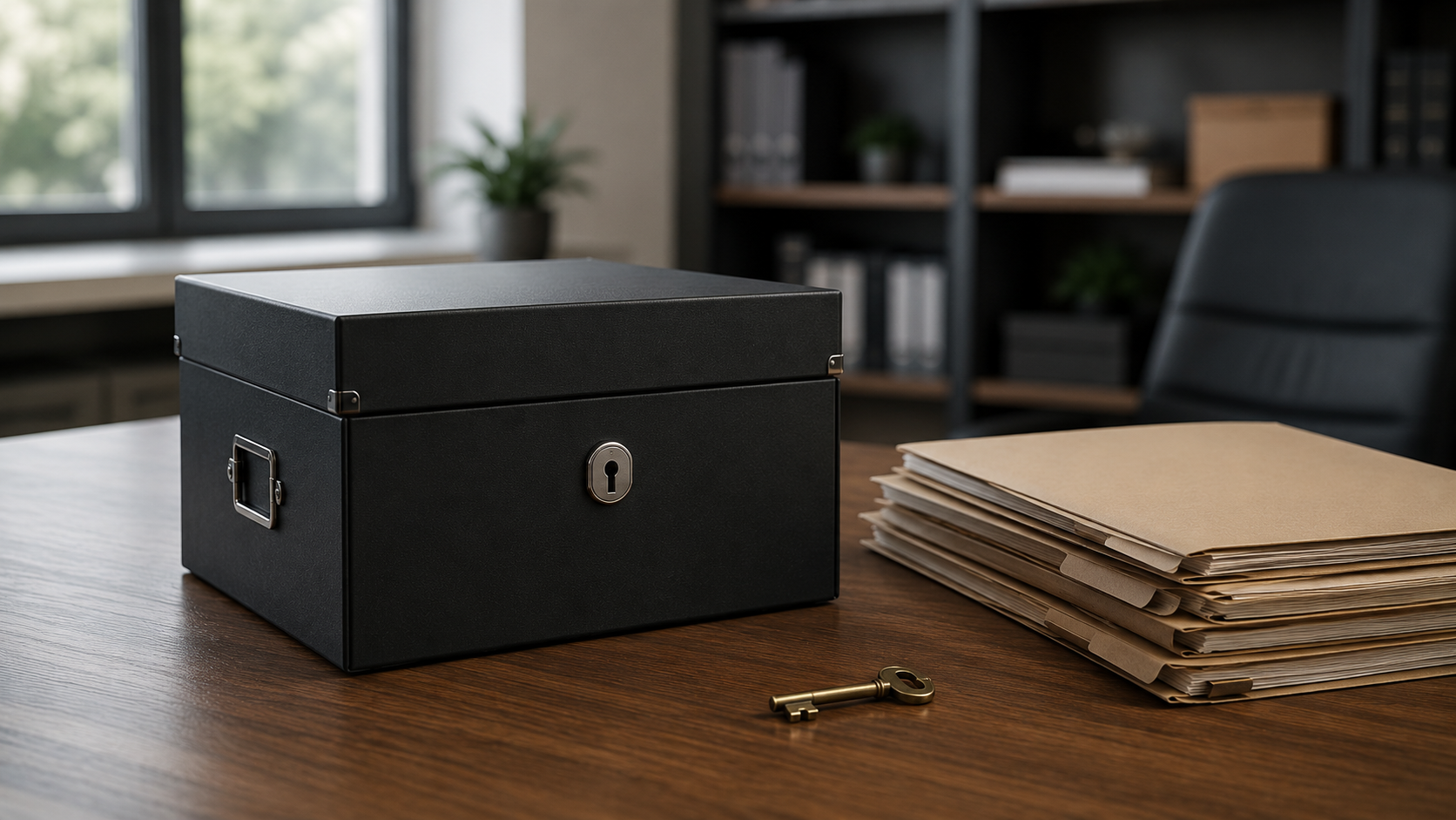 Locked archive box beside business folders and a key on a modern office desk. Locked archive box beside business folders and a key on a modern office desk.