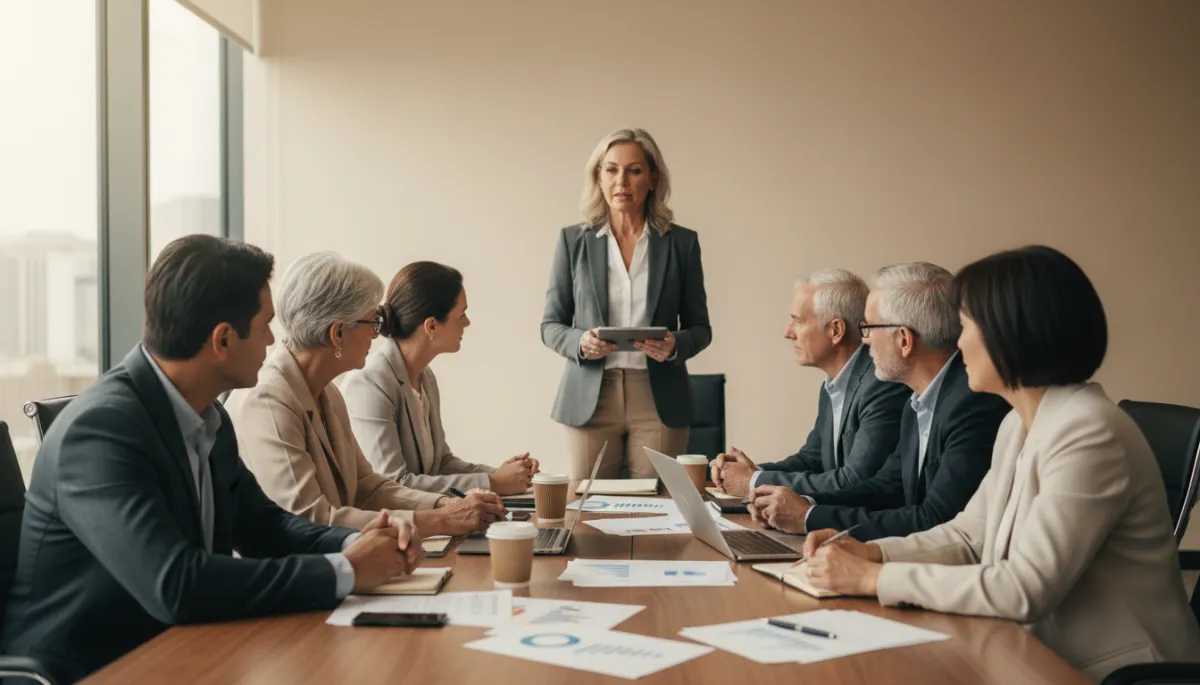 Family business board meeting with multiple generations and an external adviser in a neutral-toned room Family business board meeting with multiple generations and an external adviser in a neutral-toned room