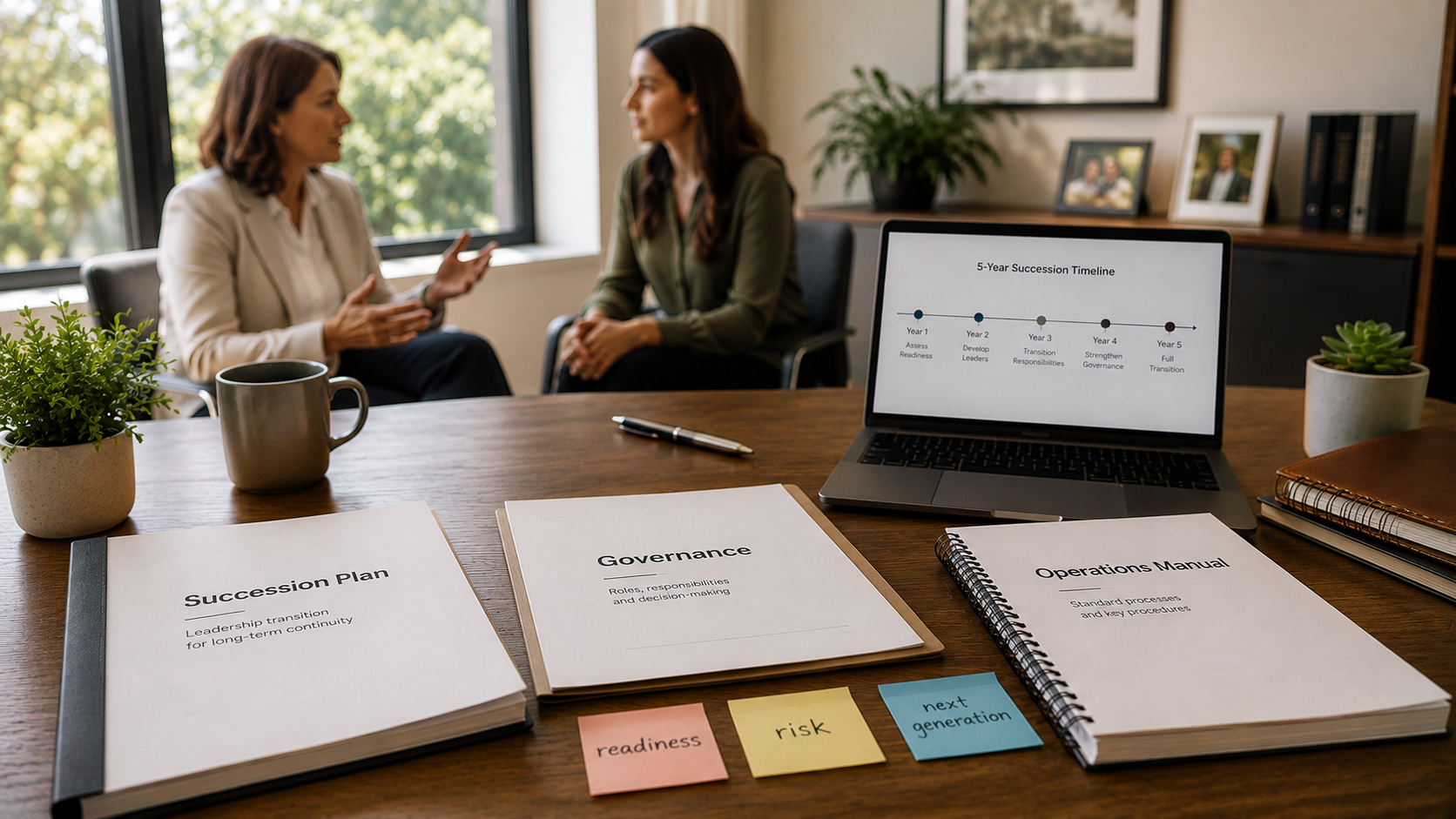 Female family business owner discussing succession planning with the next generation in a modern office beside planning documents. Female family business owner discussing succession planning with the next generation in a modern office beside planning documents.