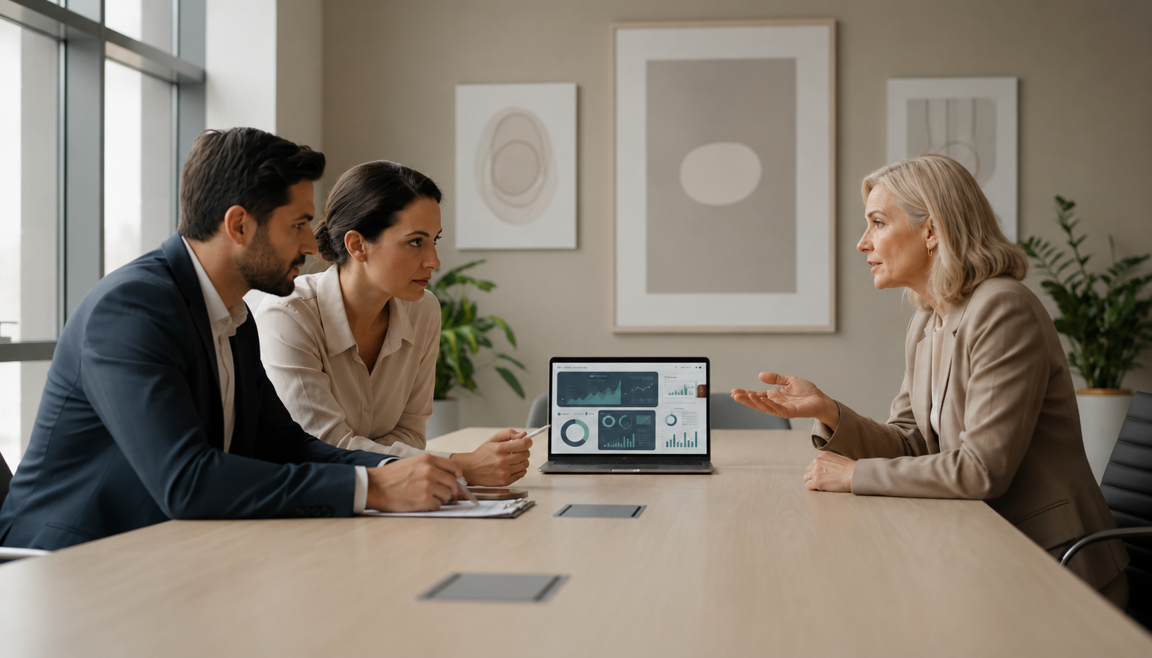 Small business owners meeting around a conference table to discuss business strategy with analytics displayed on a laptop in a modern office.