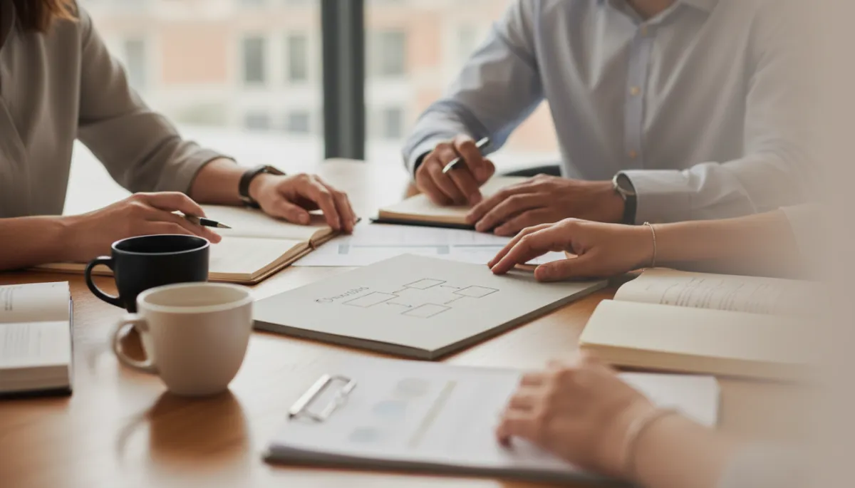 People at a meeting table reviewing notes and a framework diagram over coffee, with several notebooks open. People at a meeting table reviewing notes and a framework diagram over coffee, with several notebooks open.