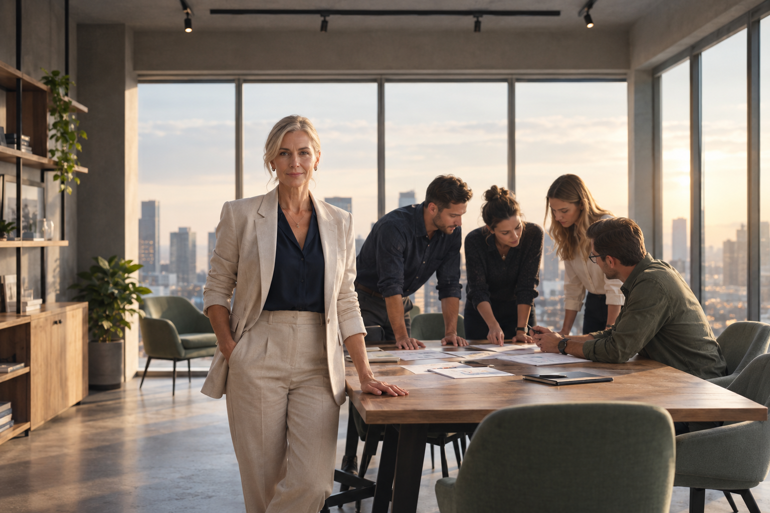 Female executive standing in a modern office while four colleagues collaborate over documents at a conference table.