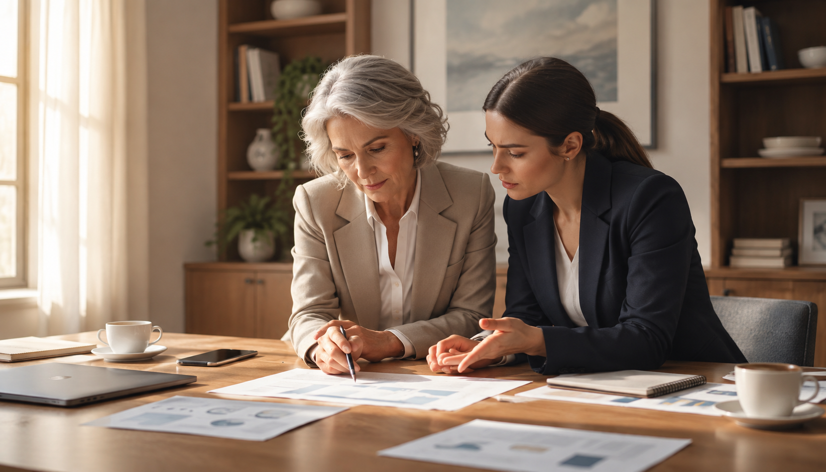 Two professional women reviewing business documents together at a wooden conference table in a warmly lit office.