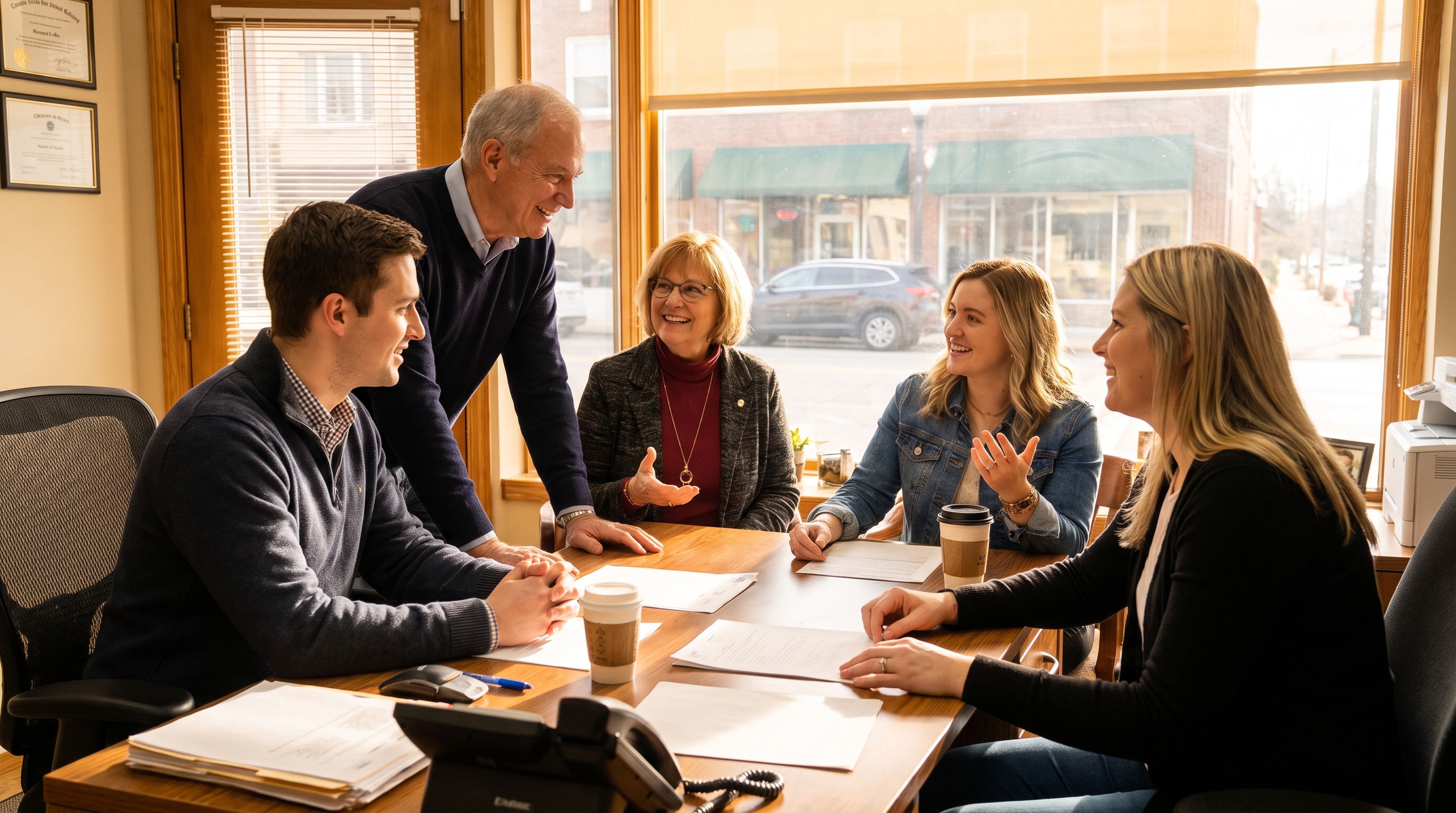 Multiple generations of a family business team smiling and talking together around a conference table in a sunlit office.