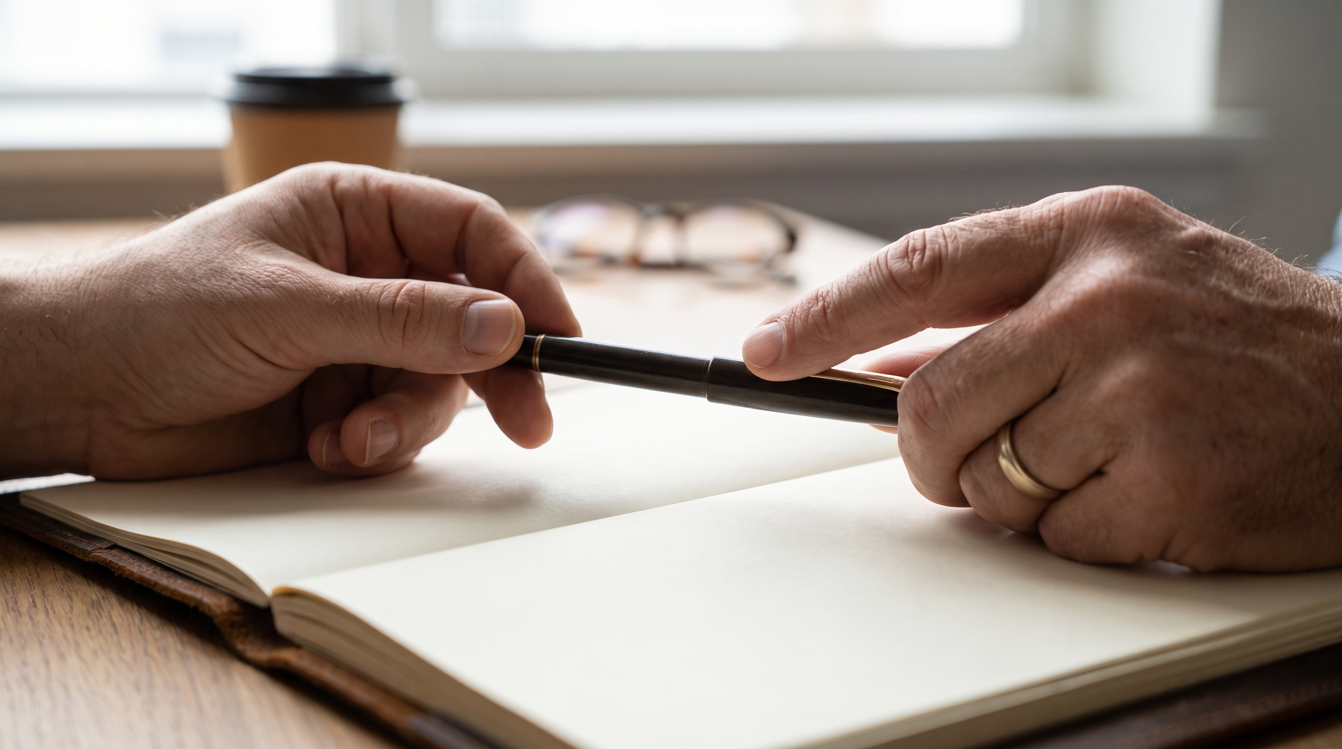 Close-up of an older hand passing a pen to a younger hand over an open blank notebook on a desk.