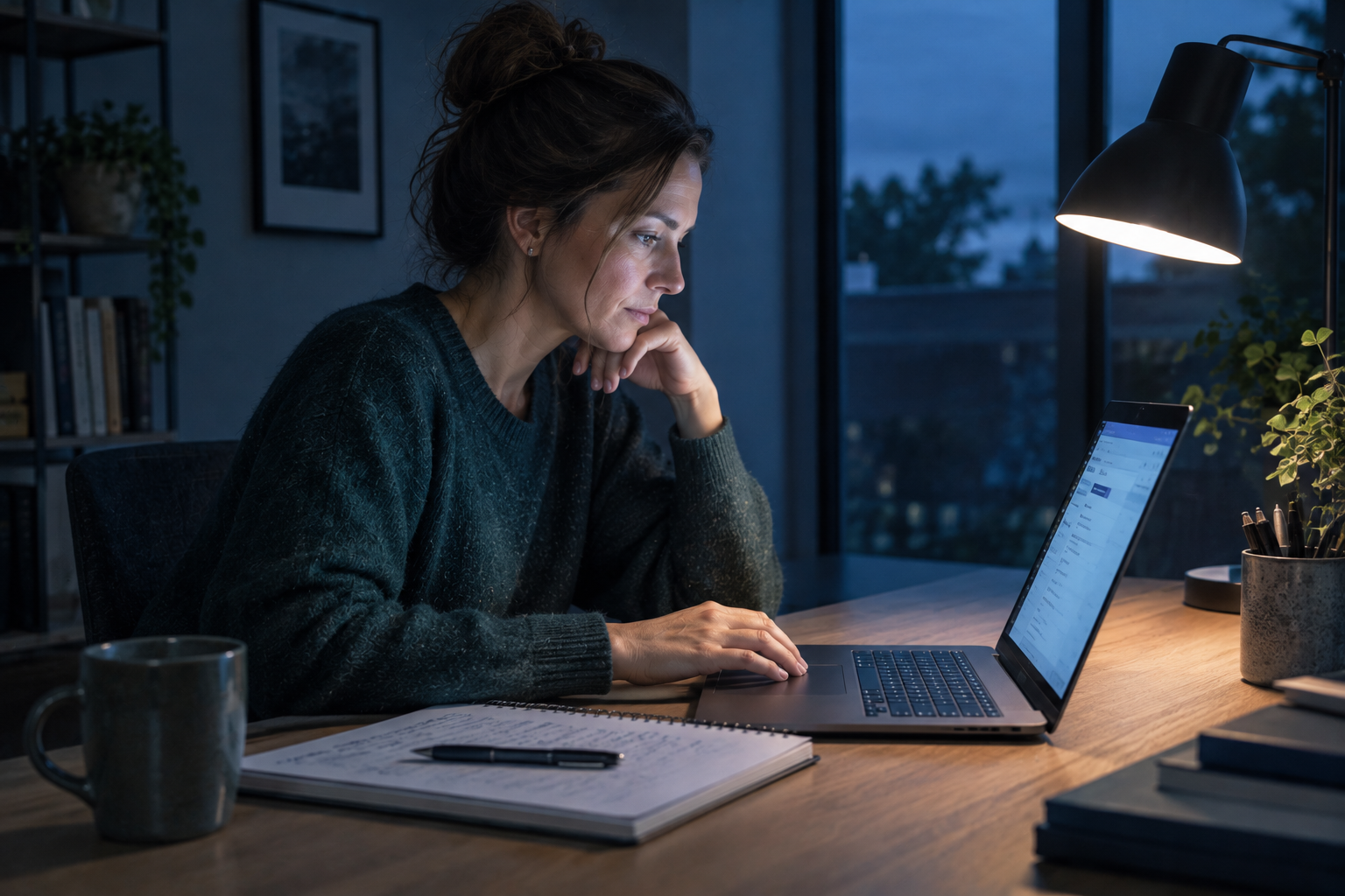 Woman working on a laptop at a home desk at night, lit by a single desk lamp with a notebook and coffee mug nearby. Woman working on a laptop at a home desk at night, lit by a single desk lamp with a notebook and coffee mug nearby.