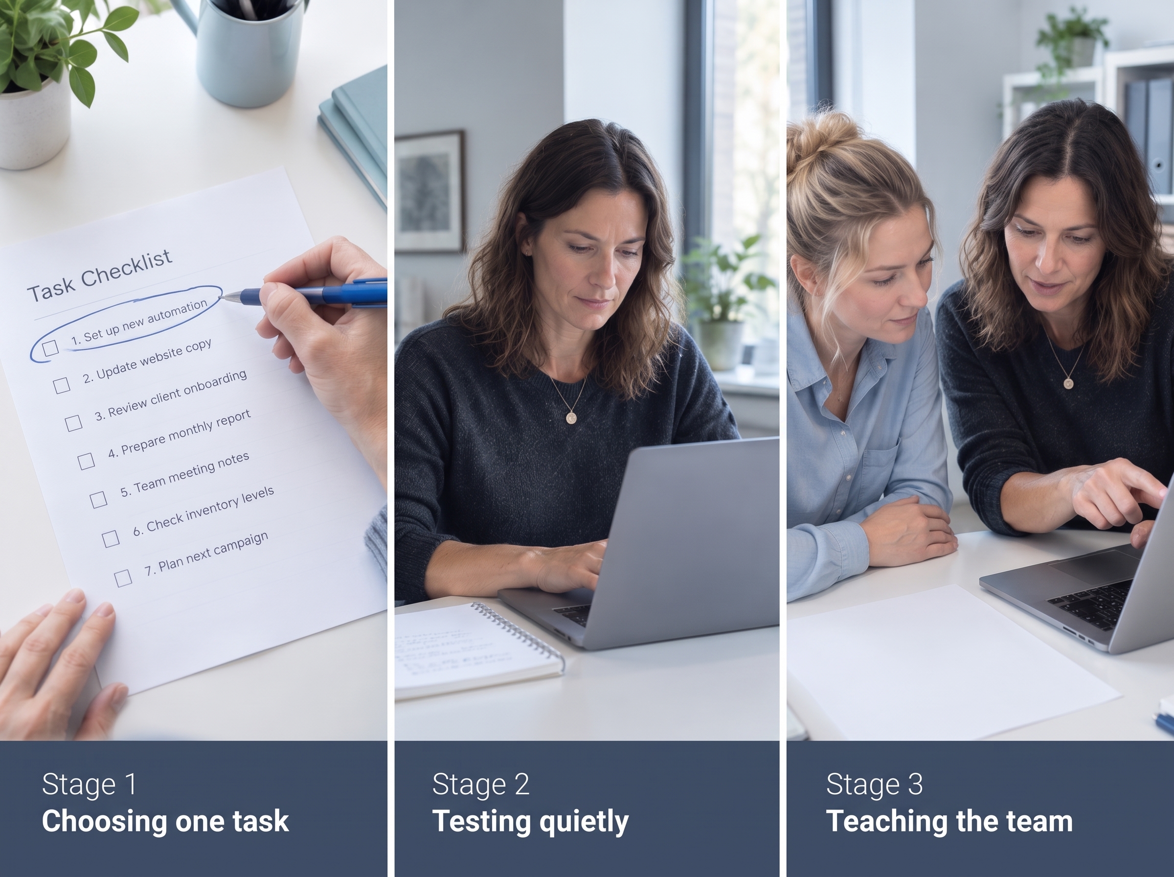 Three-panel image showing a hand circling a task on a checklist, a woman working alone on a laptop, and two colleagues reviewing a laptop screen together, labeled Stage 1 Choosing one task, Stage 2 Testing quietly, Stage 3 Teaching the team. Three-panel image showing a hand circling a task on a checklist, a woman working alone on a laptop, and two colleagues reviewing a laptop screen together, labeled Stage 1 Choosing one task, Stage 2 Testing quietly, Stage 3 Teaching the team.