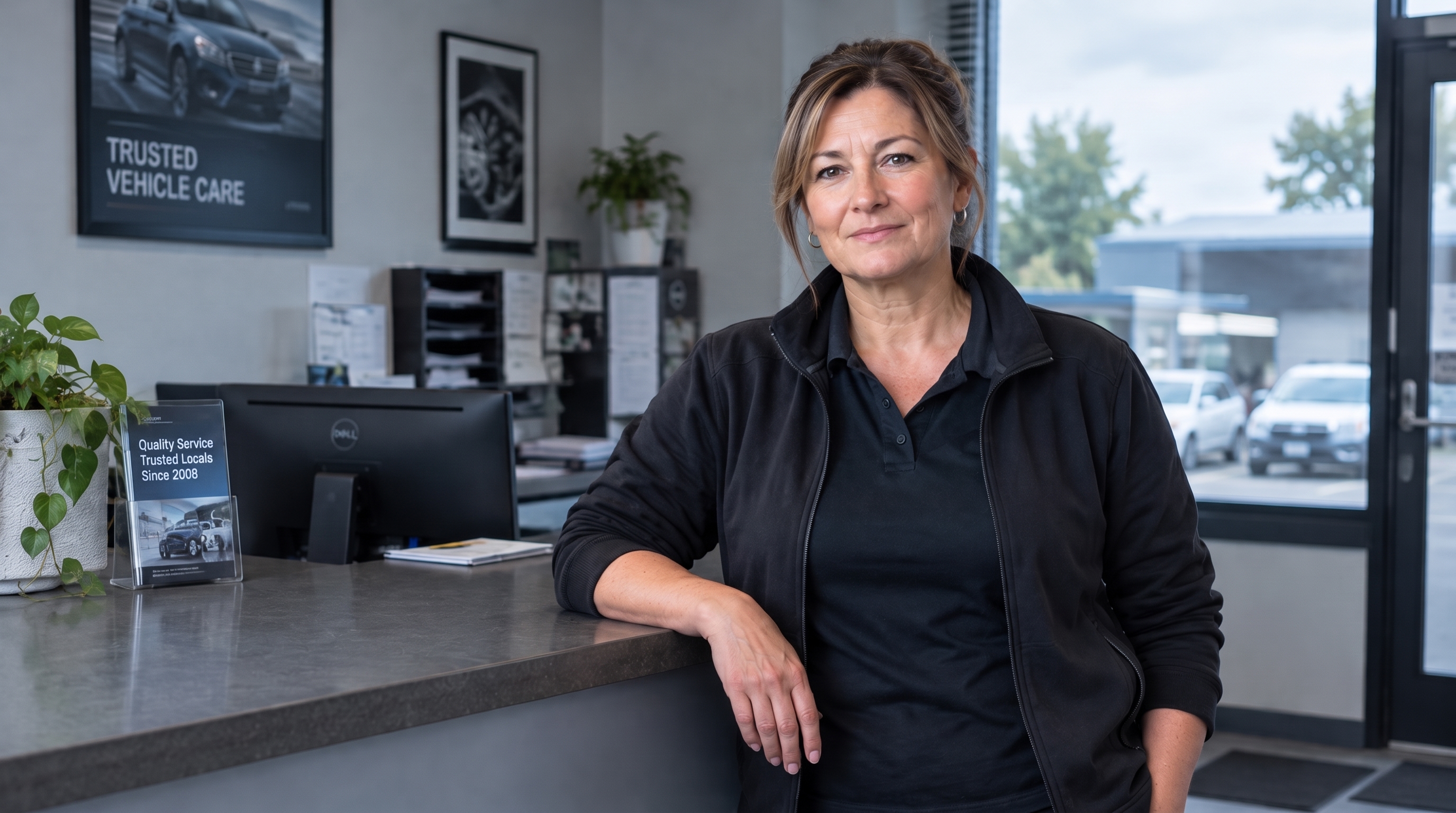 A woman in workwear leans on a reception counter inside a car workshop office with a sign reading “Quality Service Trusted Locals Since 2008.”