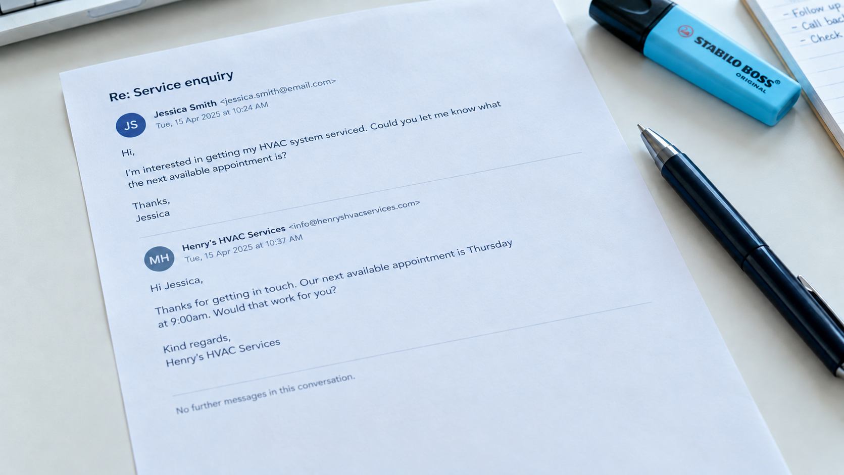 A printed email thread showing a customer’s service enquiry and a single reply, with no further follow-up messages in the conversation.