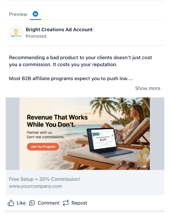 Affiliate LinkedIn ad template designed for partner programs, referral offers, and commission-based business opportunities.