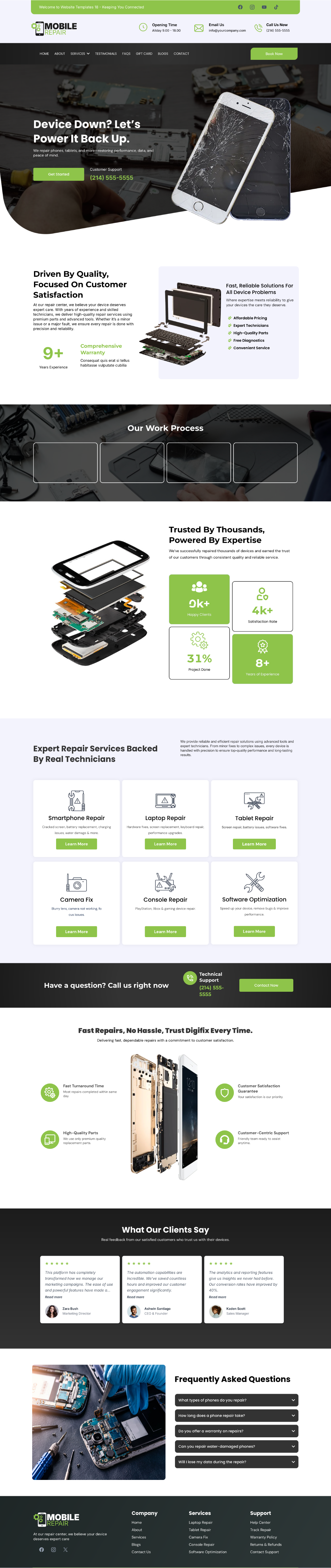 Phone Repair Shop website template with service sections, trust indicators, testimonials, FAQs, and contact areas.