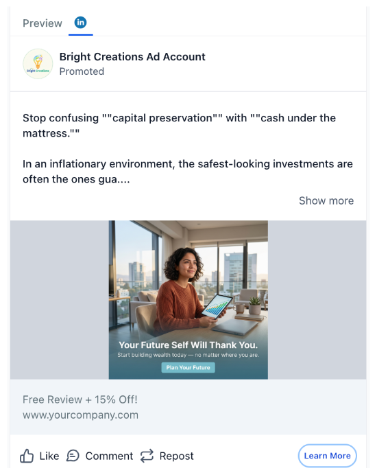 Financial Planner LinkedIn ad template focused on future planning, wealth building, and professional financial reviews.
