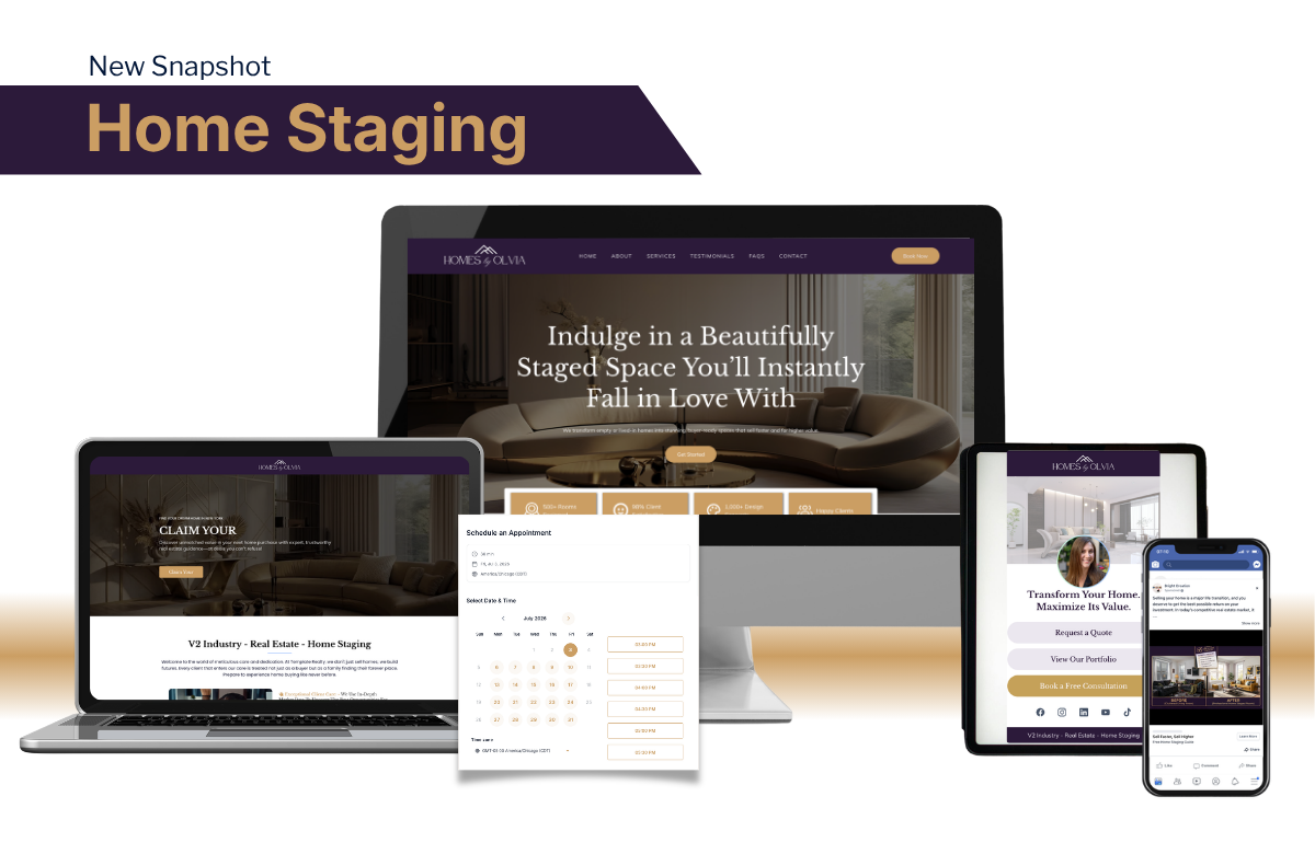 New Home Staging Snapshot designed to help real estate and staging businesses launch faster with ready-made marketing assets.