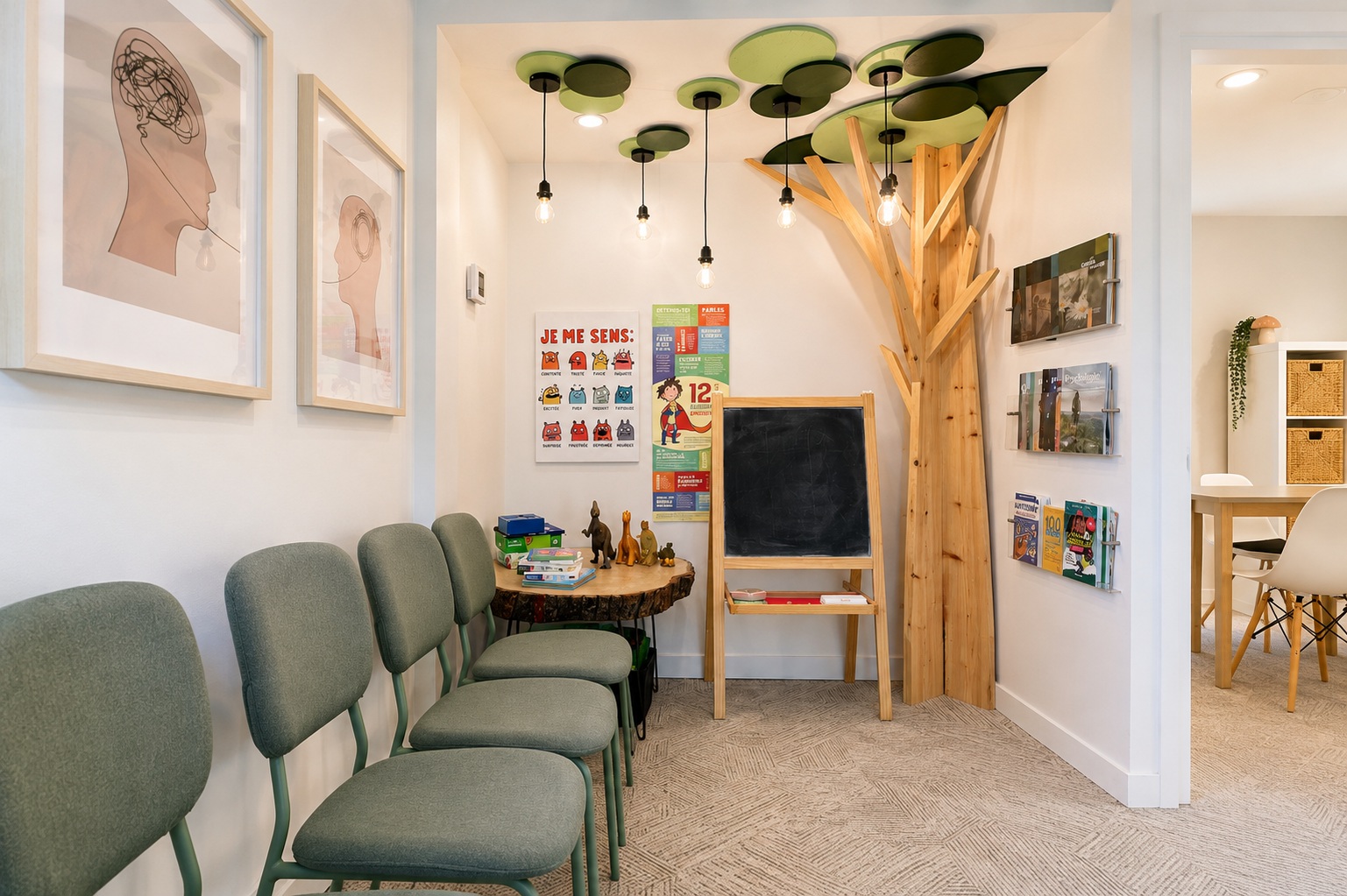 Salle d'accueil chaleureuse du Centre pédiatrique Le Saule