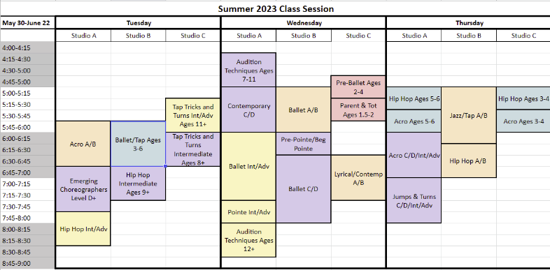 Valley Dance Theatre Summer Class Schedule 2023