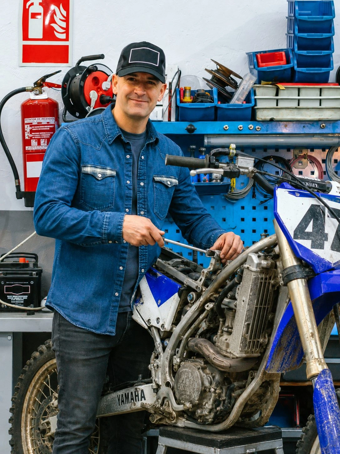 Maurizio al lavoro su una moto nella sua officina