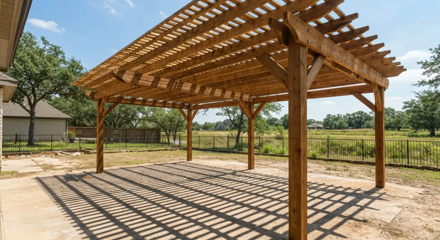 Freestanding pergola in Cypress yard