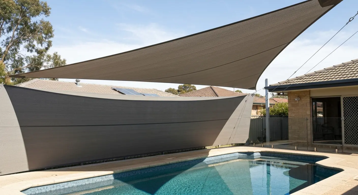 Shade sail over swimming pool area