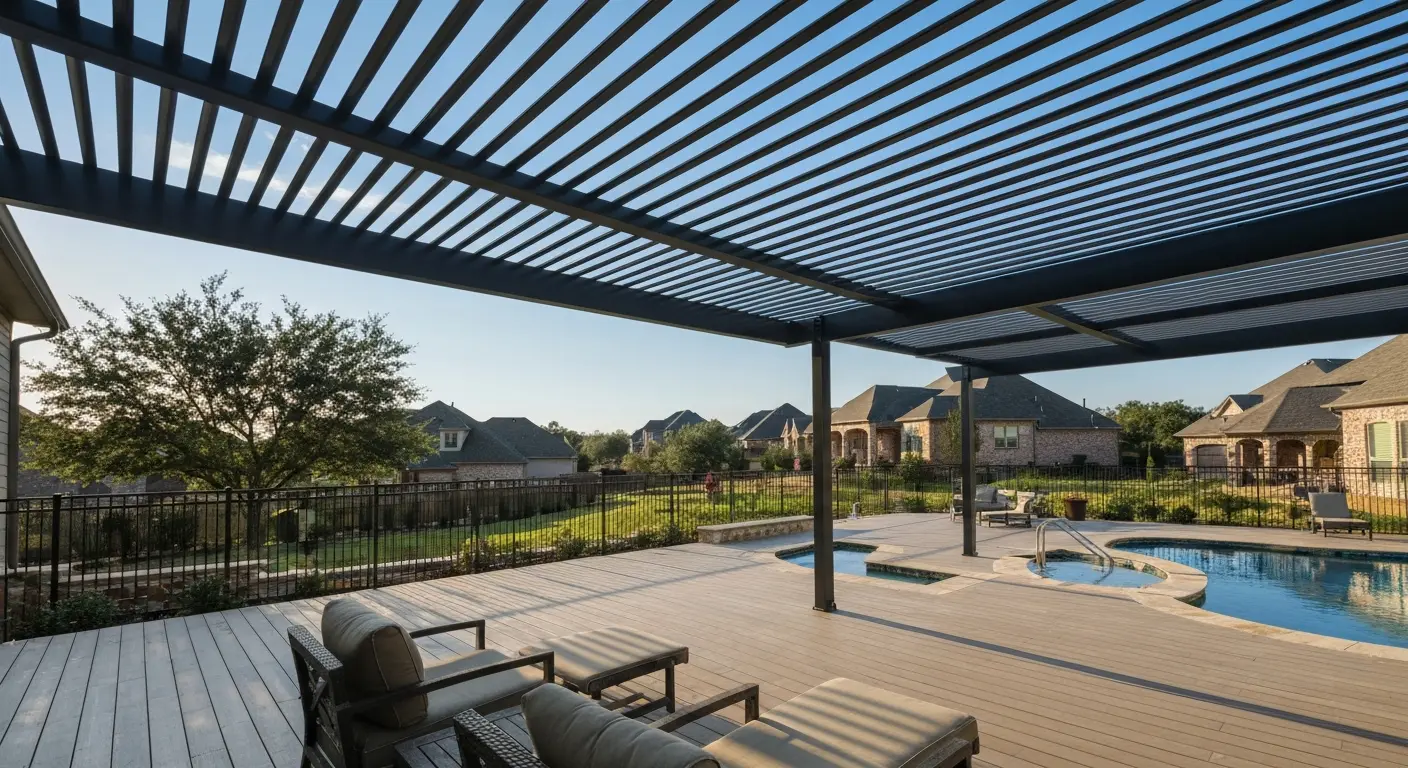 Aluminum shade structure over pool deck with lounge seating